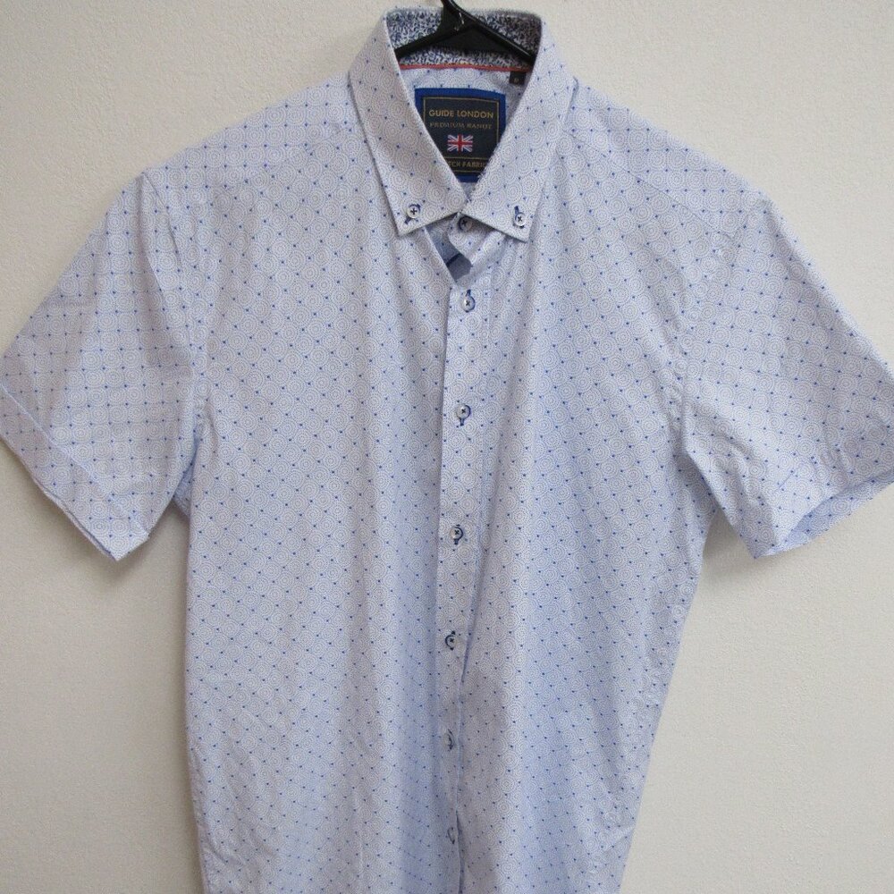 Guide London Premium Range Stretch Fabric Blue Geometric S/S Shirt Medium